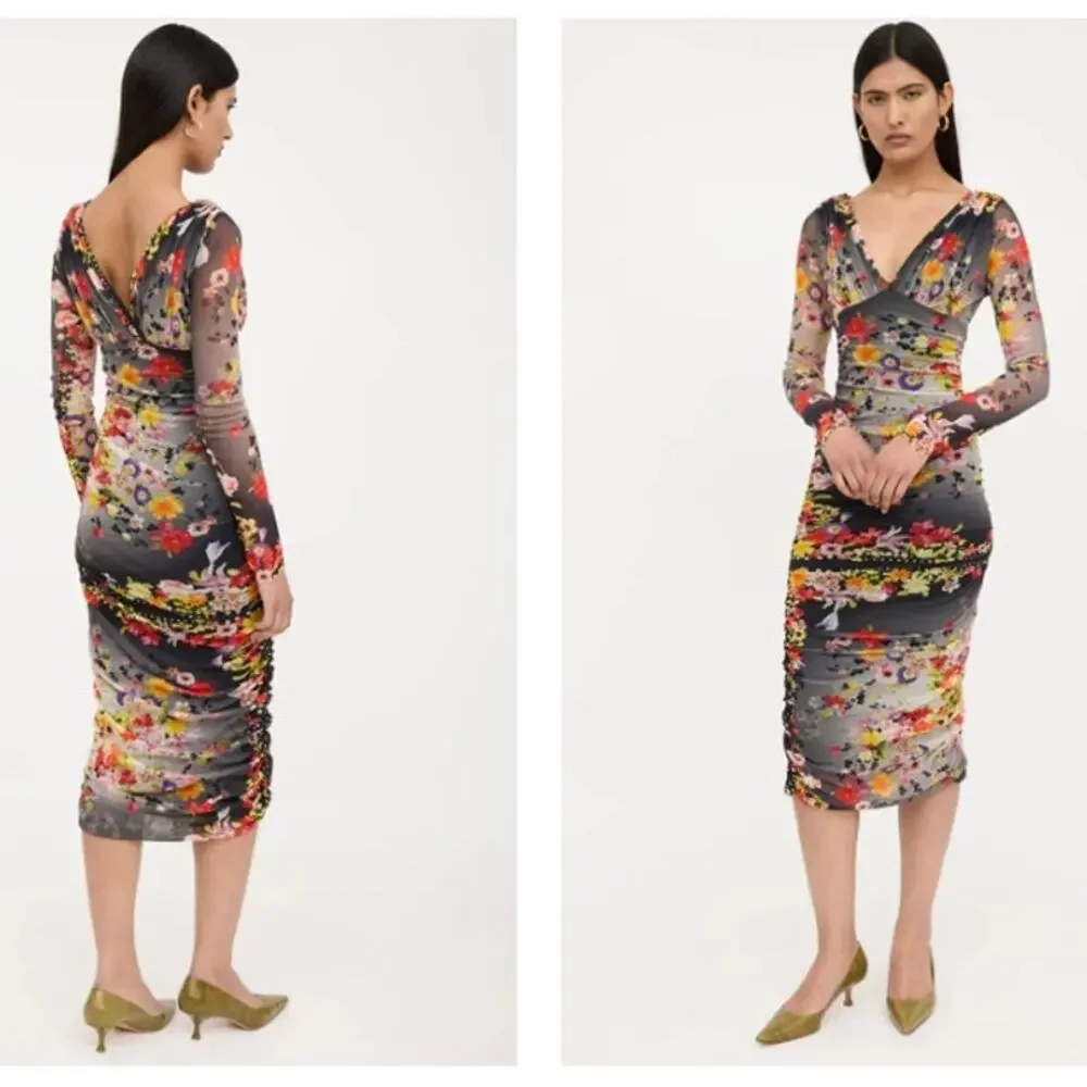 Fuzzi Black Grey Long Sleeve Floral Mesh Bodycon V neck Midi Dress Women's XL - Picture 2 of 9